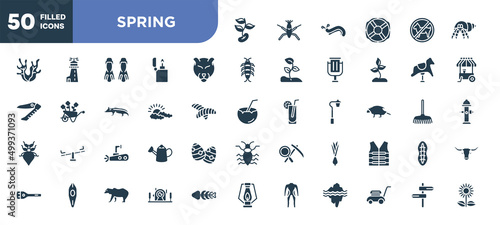 set of 50 filled spring icons. editable glyph icons collection such as beans, panther, cloudy, submarine, onion, underwater photography, road vector illustration.