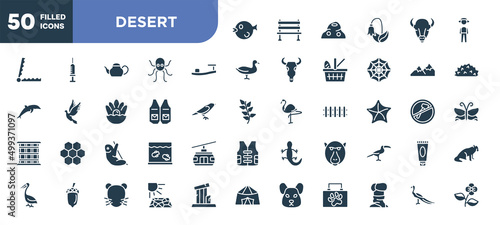 set of 50 filled desert icons. editable glyph icons collection such as puffer fish, sandals, waistcoat, sloth, baboon, crack, peacock vector illustration.