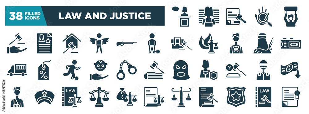 law and justice glyph icons set. editable filled icons such as witness, qualified protection, convict, recorder, criminal law, , law balance, police badge vector illustration law and justice glyph icons set. editable filled icons such as witness, qualified protection, convict, recorder, criminal law, , law balance, police badge vector illustration