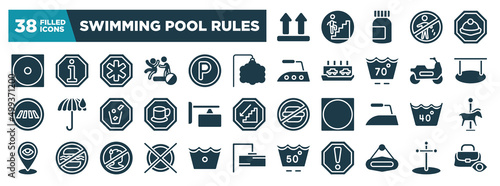 swimming pool rules glyph icons set. editable filled icons such as lift, dry low heat, ornamental, hanging, store board, 40 degree laundry, do not dry clean, hanging vector illustration