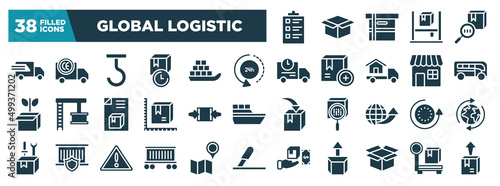 global logistic glyph icons set. editable filled icons such as packing list, fast transport, 24 hours delivery, buses, clamp as indicated, 24 hours, cargo train, delivery package opened vector