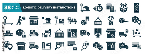 logistic delivery instructions glyph icons set. editable filled icons such as box weight, delivery scale, delivery delay, track package, lift package, truck delay, on door tagged package vector