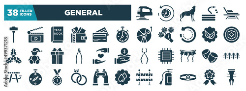 general glyph icons set. editable filled icons such as fretsaw, sledgehammer, analog stopwatch, insurance with a button, heart between hands, nuts, interlocking rings, head mirror vector