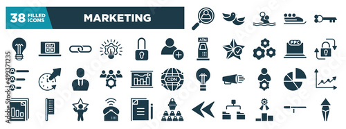marketing glyph icons set. editable filled icons such as hiring, lightbulb with bolt, hire, lock, graphical report, diagrams, ringing, competitive vector illustration