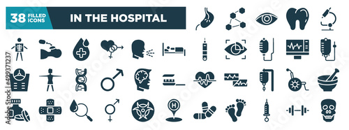 in the hospital glyph icons set. editable filled icons such as esophagus, , illness on bed, drip bag, head with brain, wheelchair, male and female, syringe with medicine vector illustration