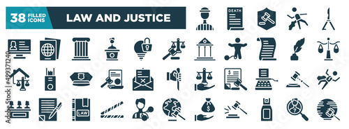 law and justice glyph icons set. editable filled icons such as prisioner, criminal database, law and justice, justice scale, crime letter, gavel, police line, pepper spray vector illustration