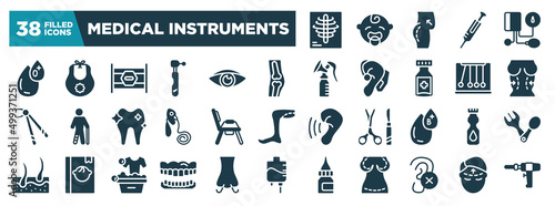 medical instruments glyph icons set. editable filled icons such as x rays, type 0, orthopedics, plastic surgery, potty, talcum powder, dentures, impaired vector illustration