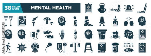 mental health glyph icons set. editable filled icons such as medical result, crutches, injury, hypis, allergic, psychologist, pear enema, antidepressants vector illustration