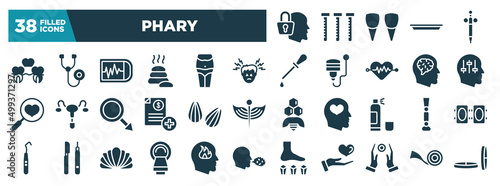 phary glyph icons set. editable filled icons such as secret, denture, headache, manipulation, almond, prosthesis, tomography, reiki vector illustration