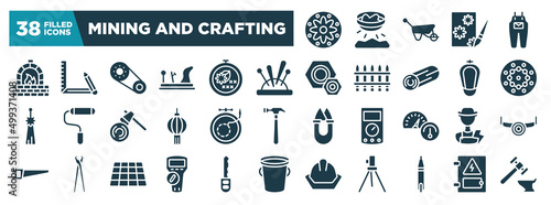 mining and crafting glyph icons set. editable filled icons such as applique, kiln, needle holder, beadwork, embroidery, electrician, multimeter, voltage indicator vector illustration