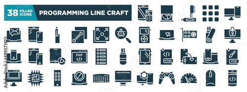 programming line craft glyph icons set. editable filled icons such as tablet and cellphone, message on laptop, bugs search, monitor locked, list of options, laptop and smartphone, no computer, code