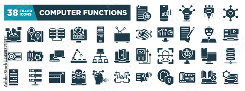 computer functions glyph icons set. editable filled icons such as corrupt file, webinar, old tv, video lesson, site map, responsive website, attack, motherboard vector illustration