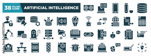 artificial intelligence glyph icons set. editable filled icons such as graphics card, authentication, stalk, spreedsheet, folder management, style sheet, circuit board, translation vector