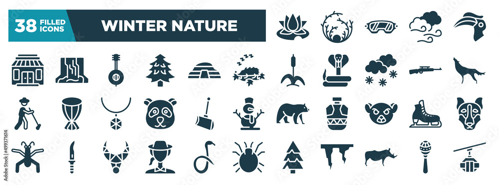 winter nature glyph icons set. editable filled icons such as water lily, gift shop, hibernation, wolf, shovel, ice skate, biologist, rhino vector illustration