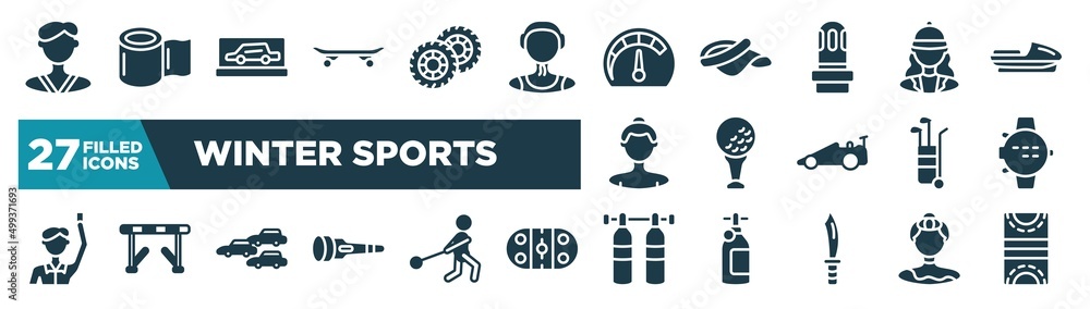 set of winter sports icons in filled style. glyph web icons such as karateka, longboard, mph, horsewoman, tee, dive computer, apex, gas cilinder editable vector. set of winter sports icons in filled style. glyph web icons such as karateka, longboard, mph, horsewoman, tee, dive computer, apex, gas cilinder editable vector.
