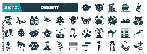 desert glyph icons set. editable filled icons such as puffer fish, tornado, bison, chipmunk, cable car, cage, volcano, fatigue vector illustration