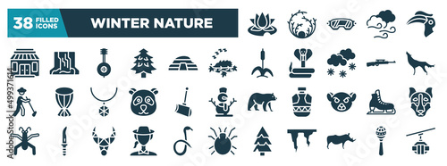 winter nature glyph icons set. editable filled icons such as water lily  gift shop  hibernation  wolf  shovel  ice skate  biologist  rhino vector illustration