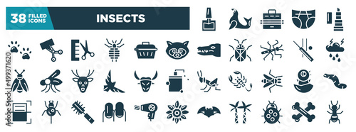 insects glyph icons set. editable filled icons such as nail polish  pawprint  raccoon  thunderstorm  buffalo  chick  nails  ladybug vector illustration