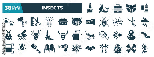 insects glyph icons set. editable filled icons such as nail polish, pawprint, raccoon, thunderstorm, buffalo, chick, nails, ladybug vector illustration