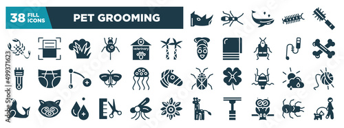 pet grooming glyph icons set. editable filled icons such as rhinoceros, earwig, whale, centipede, pet brush, scorpion vector illustration