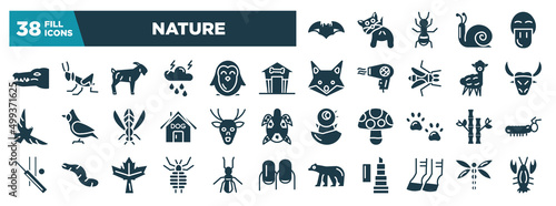 nature glyph icons set. editable filled icons such as bat, anal gland expression, ant, snail, platypus, crocodile vector illustration