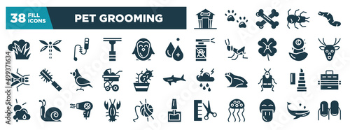pet grooming glyph icons set. editable filled icons such as pet house, pawprint, bones, tarantula, worm icons. vector illustration