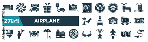 set of airplane icons in filled style. glyph web icons such as fly ticket, birthday gift, vacation images, sidecar, airport worker, boarding card, plate with fork and knife cross, old fashion
