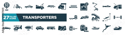 set of transporters icons in filled style. glyph web icons such as checkpoint, hood open, container ship side view, submarine side view, car lights, axle, airship side view, miscellaneous editable