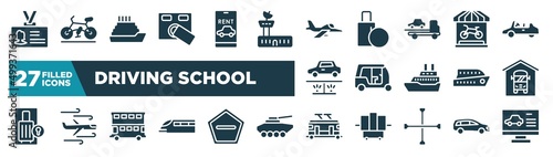 set of driving school icons in filled style. glyph web icons such as identity card, access control, army airplane, bike shop, tuc tuc, bus depot, double decker bus, trolley car editable vector.