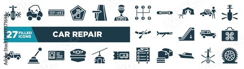 set of car repair icons in filled style. glyph web icons such as army helicopter bottom view, no liquid, manual transmission, authorized dealer, airplane, drone case, driving pass, flight