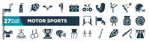 set of motor sports icons in filled style. glyph web icons such as treadmill hine, handlebar, mountain bike, battered ball, red flag, fitness ball, gymnastic rings, body mass index editable vector.
