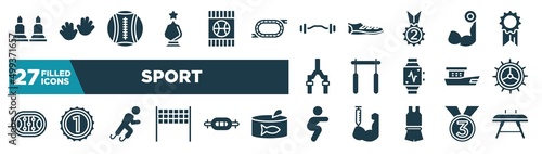 set of sport icons in filled style. glyph web icons such as munition, glass award, ez bar, biceps curl, horizontal bar, crank, paralympics, squats editable vector.