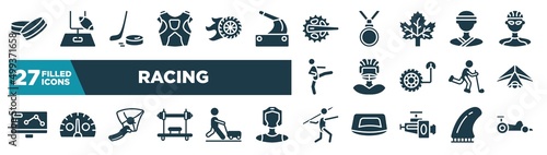 set of racing icons in filled style. glyph web icons such as hockey puck, protector, crank, judoka, rugby player, hang gliding, hang glider, javelin editable vector.