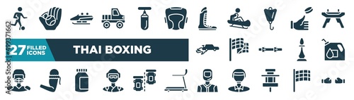 set of thai boxing icons in filled style. glyph web icons such as football players, off road, boxing shoe, coin toss, victory lap, oil down, energy bar, drivers editable vector.