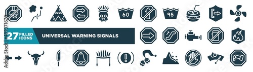 set of universal warning signals icons in filled style. glyph web icons such as no shower, two way, no straight, pull, or, fire, knife in sheath, sleigh bell editable vector.