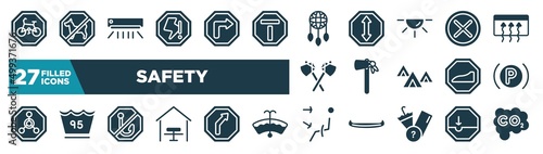 set of safety icons in filled style. glyph web icons such as cycle lane, lightning warning, dream catcher, unchecked, native american tomahawk, parking lights, no fishing, air outlet editable
