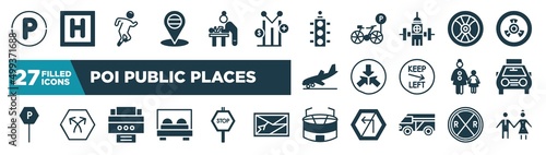 set of poi public places icons in filled style. glyph web icons such as parking hexagonal, placeholder point, semaphore light, wheel vehicle part, converging, solar taxi, portable printer, big