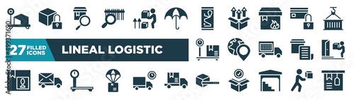 set of lineal logistic icons in filled style. glyph web icons such as box weight, barcode scan, smartphone online track, card blocked, worldwide pin, on door delivery, delivery scale, search box