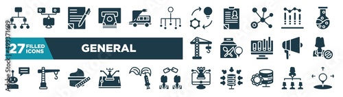 set of general icons in filled style. glyph web icons such as information architecture, atm cash, implementation, business performance, food delivery, impeachment, beauty care, digital strategy