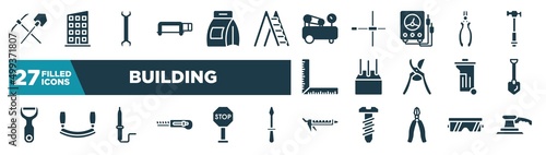 set of building icons in filled style. glyph web icons such as mine, hacksaw with handle, air compressor, nippers, concrete, long shovel, solder, sealant editable vector.