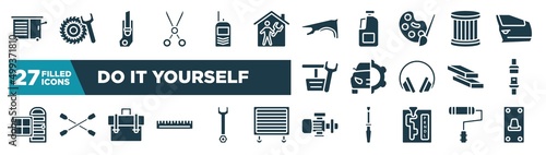 set of do it yourself icons in filled style. glyph web icons such as vise, shears, fender, oil filter, car service, seat belt, businessman portfolio, pump editable vector.