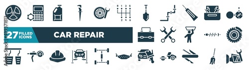 set of car repair icons in filled style. glyph web icons such as radiation, adjustable spanner, gardening palette, nuts and bolts, double wrench, brake disc, utensils, car painting editable vector.