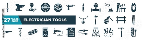 set of electrician tools icons in filled style. glyph web icons such as screwdrivers, extractor, voltage indicator, sculptor, sledgehammer, tiremarks, woods, soldering iron editable vector. photo