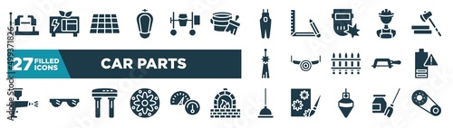 set of car parts icons in filled style. glyph web icons such as vice, urinal, overalls, construction worker, sawmill, empty battery, water filter, plunger editable vector.