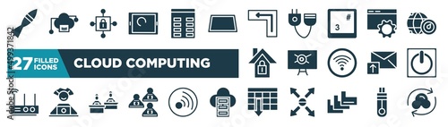 set of cloud computing icons in filled style. glyph web icons such as missile war weapon, touch screen, keyboard key enter, internet configuration tings, computer virus, standby, power button,