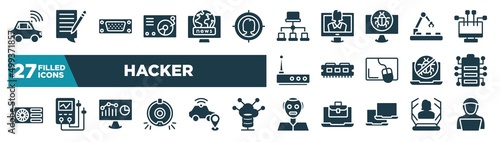 set of hacker icons in filled style. glyph web icons such as autonomous car, lp player, site map, conveyor belt, ram memory, battery status, web analytics, humanoid editable vector.
