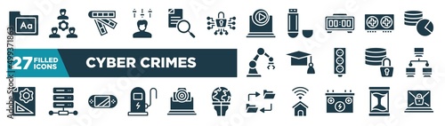 set of cyber crimes icons in filled style. glyph web icons such as fonts, producer, multimedia player, graphics card, graduation cap, computer networks, handheld console, data synchronization