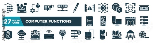 set of computer functions icons in filled style. glyph web icons such as passkey, content marketing, 3d scanner, face recognition, dvd player, hosting server, attack, power bank editable vector.