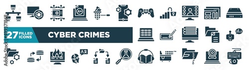 set of cyber crimes icons in filled style. glyph web icons such as lan, grades, computer game, mockup de, edit text, prediction, data loss, audiobook editable vector.