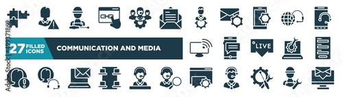 set of communication and media icons in filled style. glyph web icons such as solving problems, links, technical specialist, technical support, sms message, contact form, email on computer, online